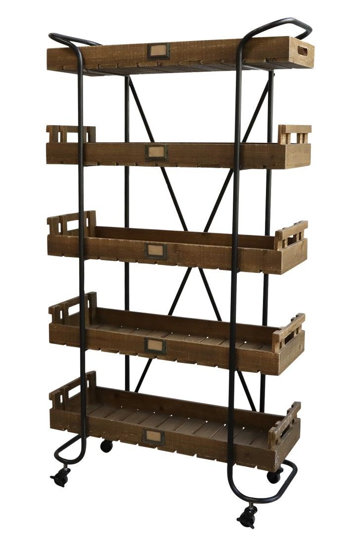Černý kovový regál na kolečkách s dřevěnými podnosy Cart - 83*34*156cm