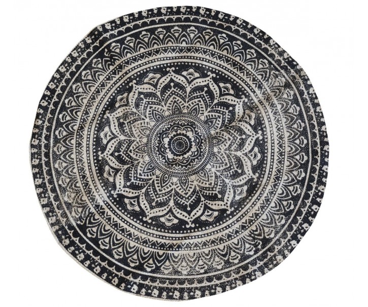Přírodně - černý kulatý jutový koberec s ornamentem Ornié - Ø 160 cm