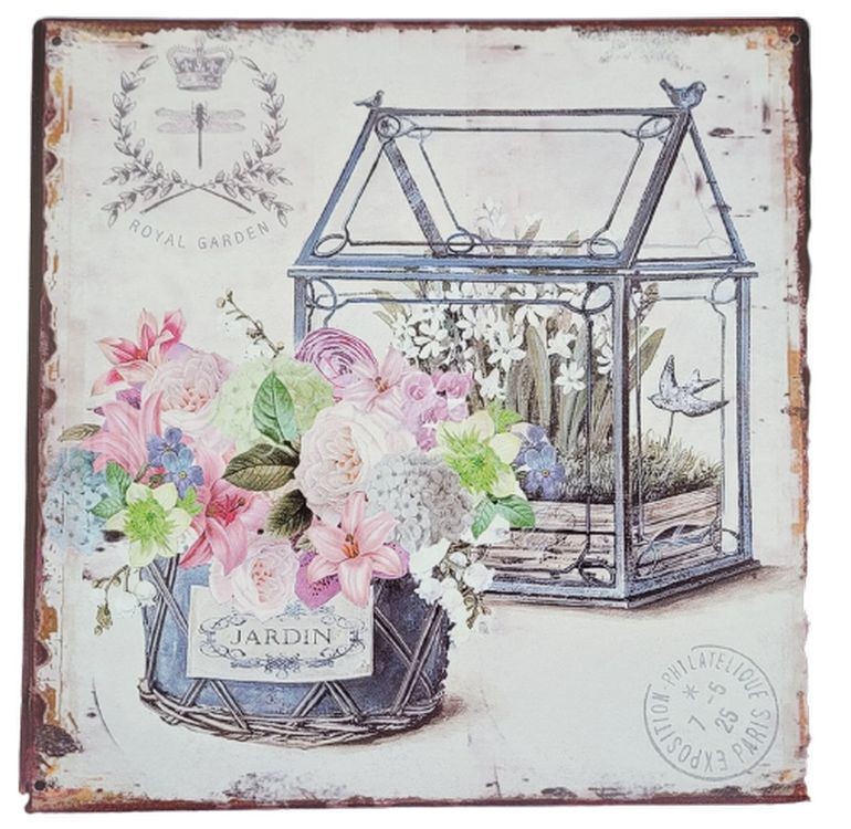 Nástěnná kovová cedule se skleníčkem a květy Jardin - 30*30 cm