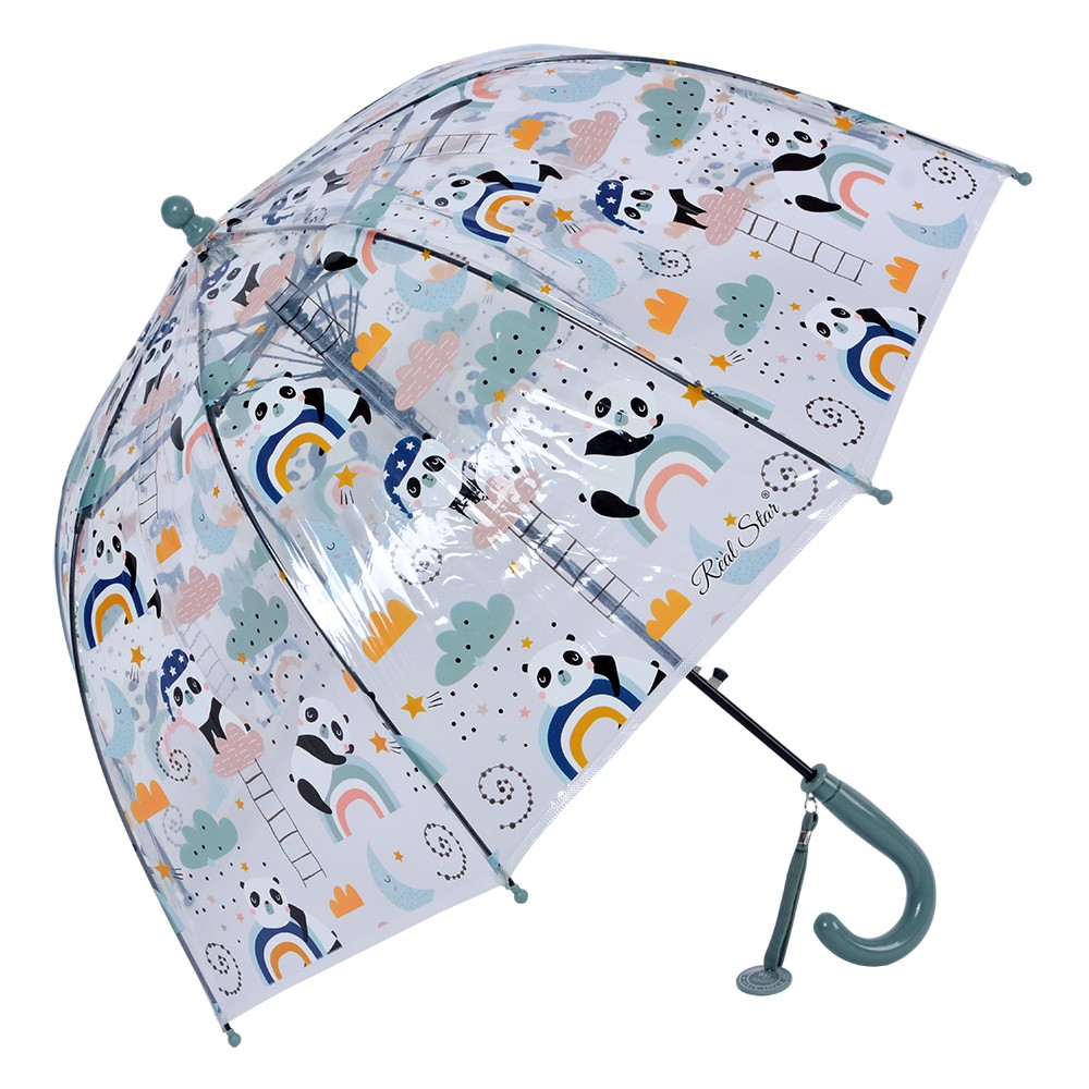 Průhledný deštník pro děti s modrým držadlem a pandami - Ø 50 cm Clayre & Eef