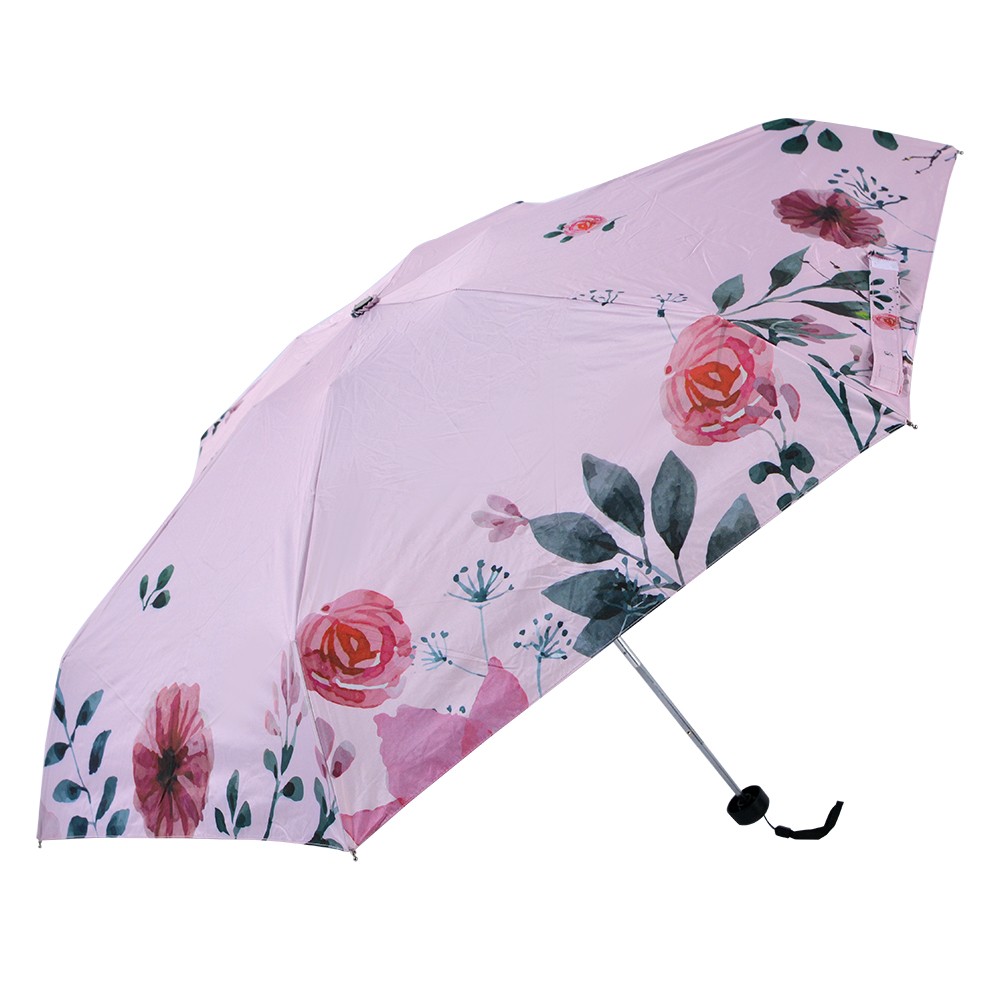 Růžový skládací deštník do kabelky s květy - Ø 92*54 cm Clayre & Eef