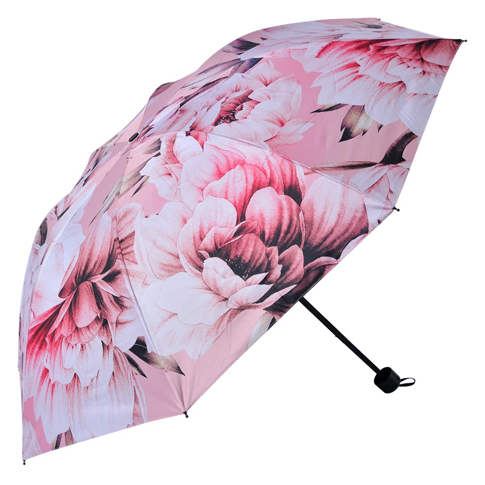 Růžový skládací deštník do kabelky s květy - Ø 95*110 cm Clayre & Eef