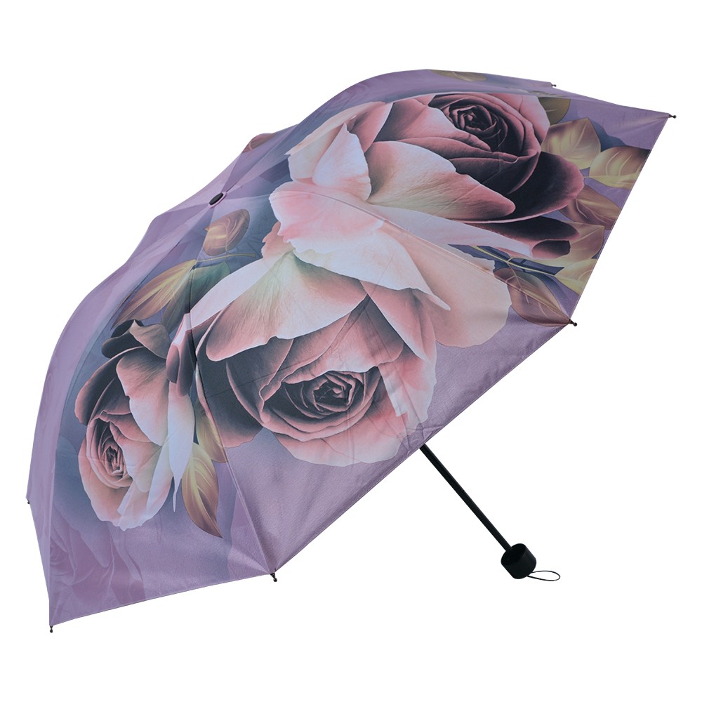 Fialový skládací deštník do kabelky s květy růží - Ø 95*110 cm Clayre & Eef