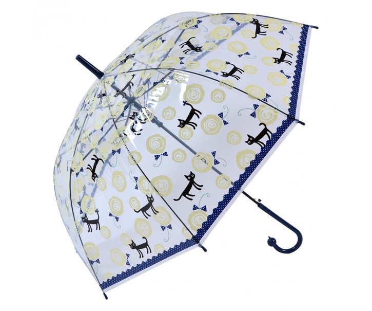Průhledný deštník pro dospělé s modrým okrajem a kočičkami - 60 cm