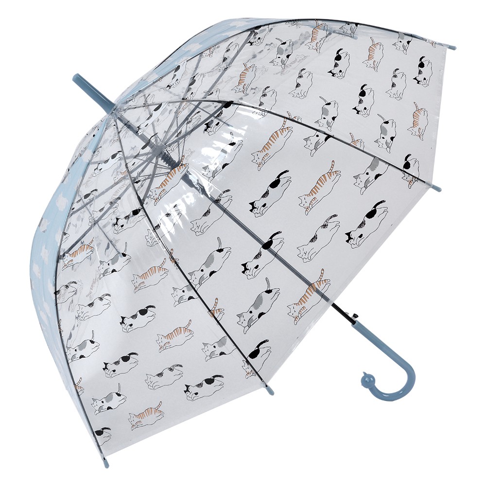 Průhledný deštník pro dospělé s bílými kočičkami a modrým pruhem - 60 cm Clayre & Eef