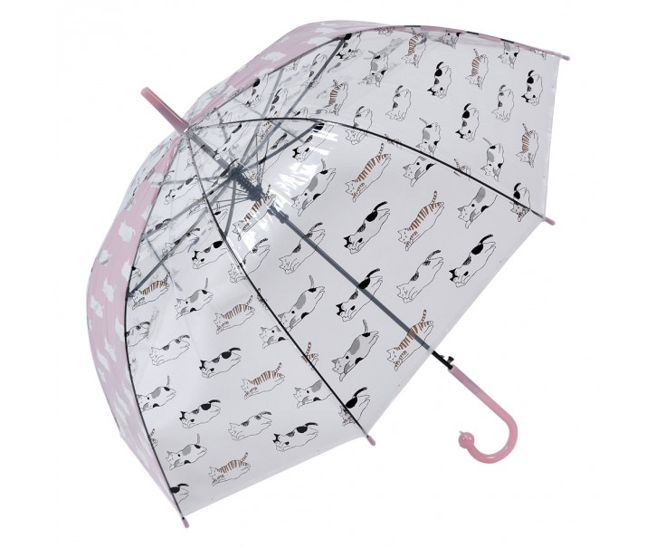 Průhledný deštník pro dospělé s bílými kočičkami a růžovým pruhem - 60 cm