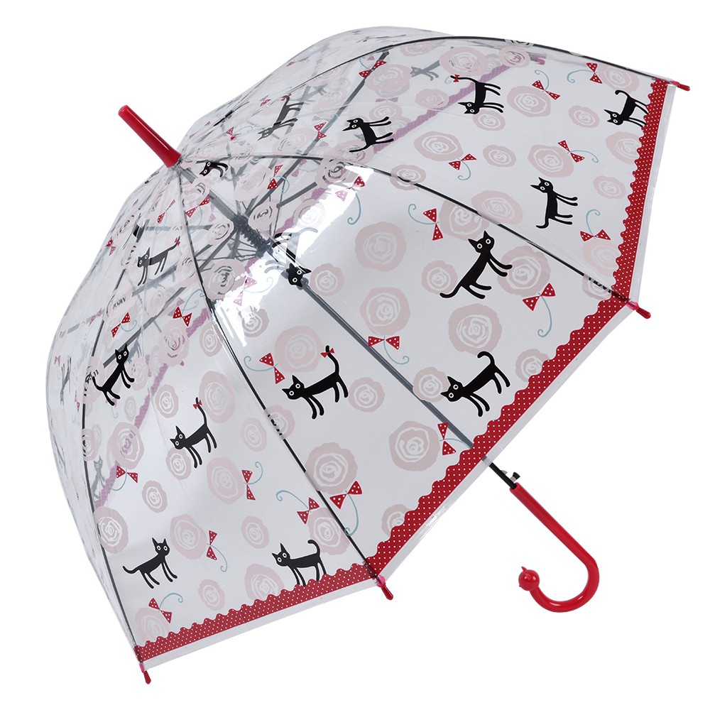 Průhledný deštník pro dospělé s červeným okrajem a kočičkami - 60 cm Clayre & Eef