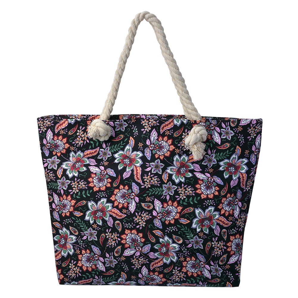 Černá plážová taška s květy Florali - 43*3*33 cm Clayre & Eef