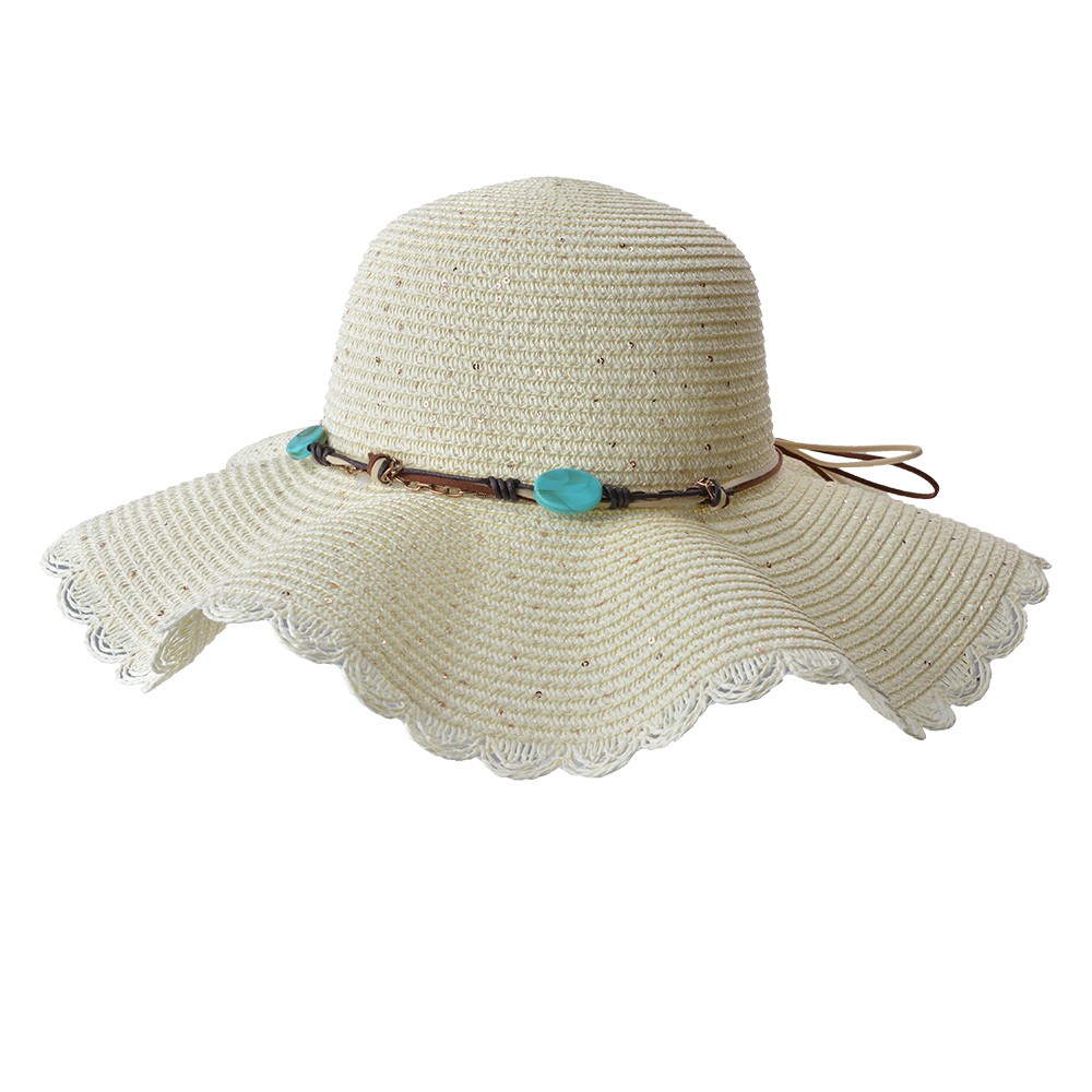 Béžový sluneční dámský klobouk s korálky a mašlí z provázků  Clayre & Eef