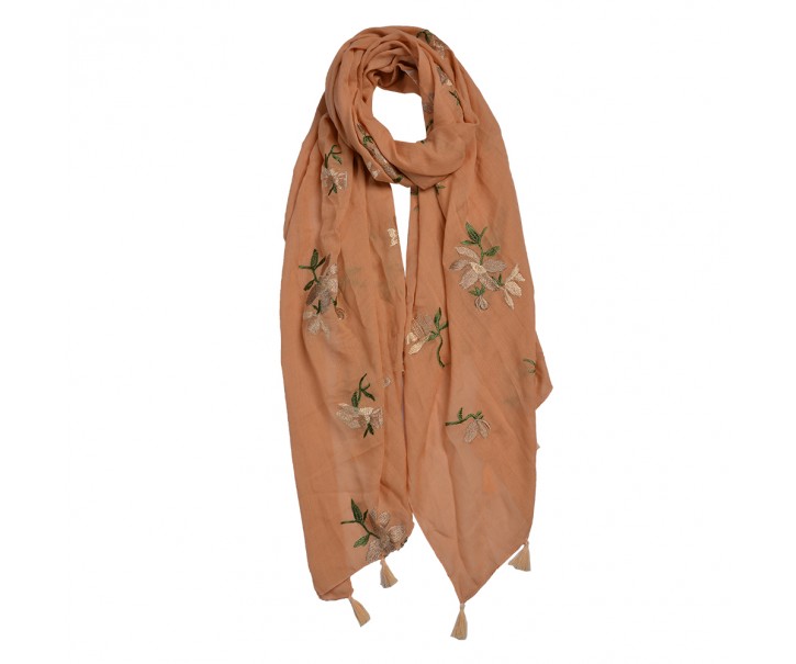 Oranžový šátek s vyšívanými květy - 70*180 cm