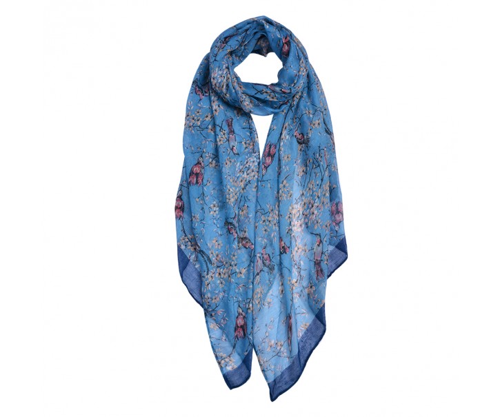 Modrý šátek s jemnými kvítky a ptáčky - 80*180 cm