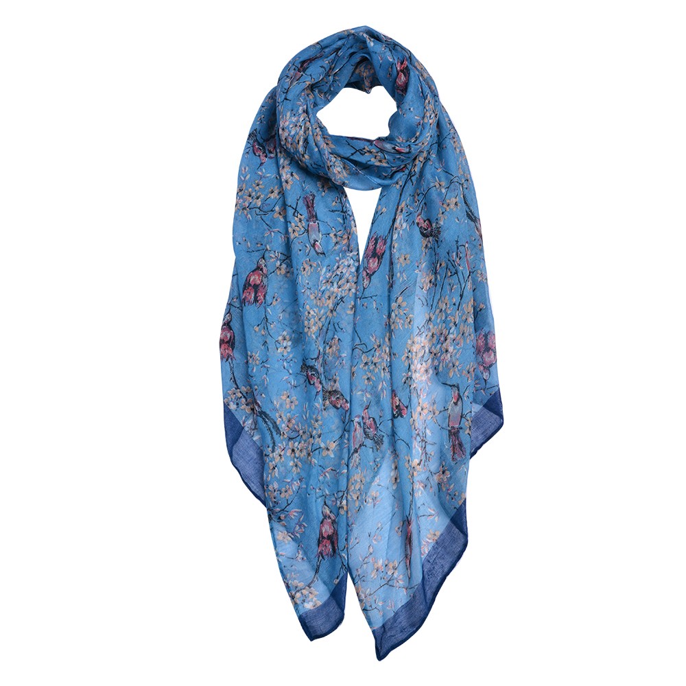 Modrý šátek s jemnými kvítky a ptáčky - 80*180 cm Clayre & Eef