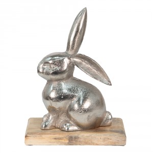 Dekorace stříbrný kovový králík na dřevěném podstavci - 21*11*28 cm