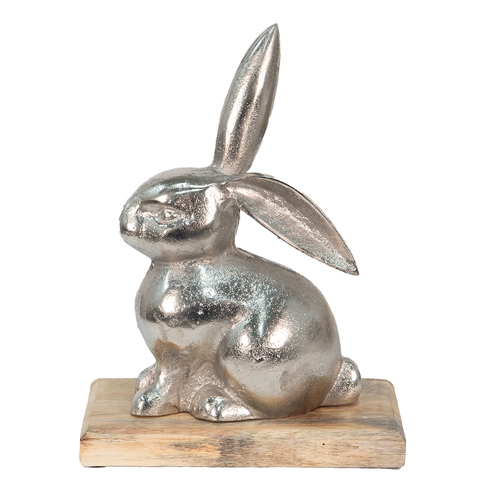 Dekorace stříbrný kovový králík na dřevěném podstavci - 21*11*28 cm 6AL0056L