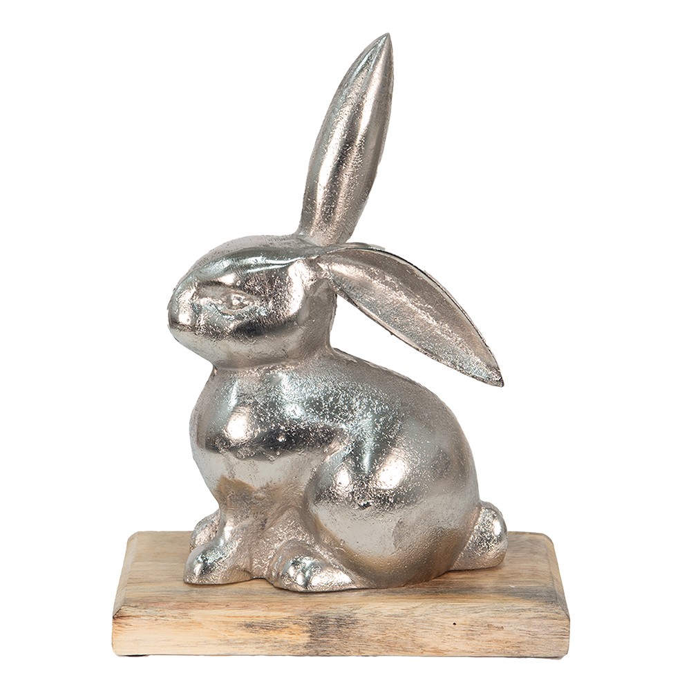 Dekorace stříbrný kovový králík na dřevěném podstavci - 21*11*28 cm