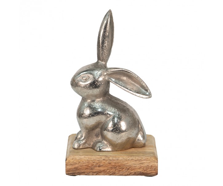 Dekorace stříbrný kovový králík na dřevěném podstavci - 11*10*20 cm