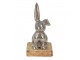 Dekorace stříbrný kovový králík na dřevěném podstavci - 11*10*20 cm