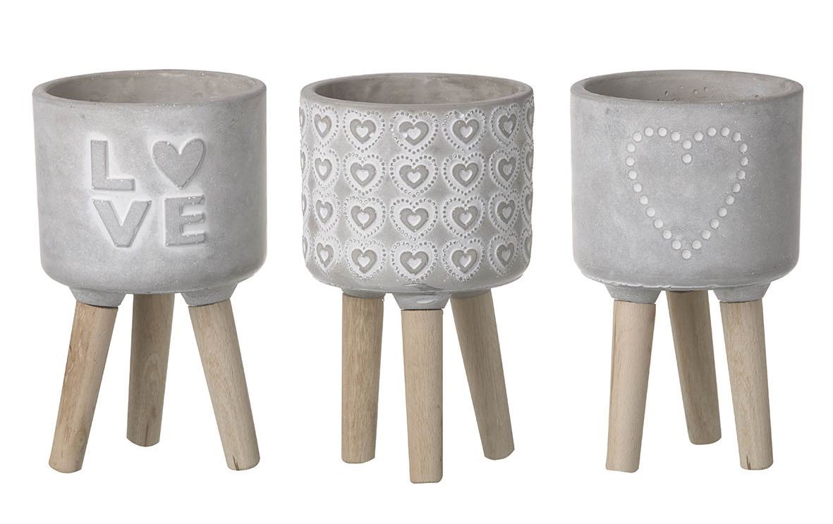 3ks šedý cementový květináč se srdíčky na nožičkách Love Plan - Ø10,5*17 cm Ostatní