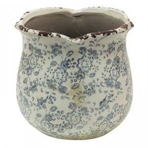 Retro béžový květináč se šedými květy Alana L - Ø 18*17 cm