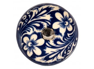 Modro-béžová kulatá keramická úchytka s ornamentem - Ø 4 cm