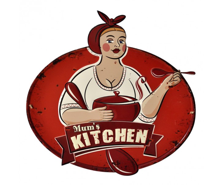 Červená nástěnná kovová cedule Mums Kitchen - 60*1*61 cm