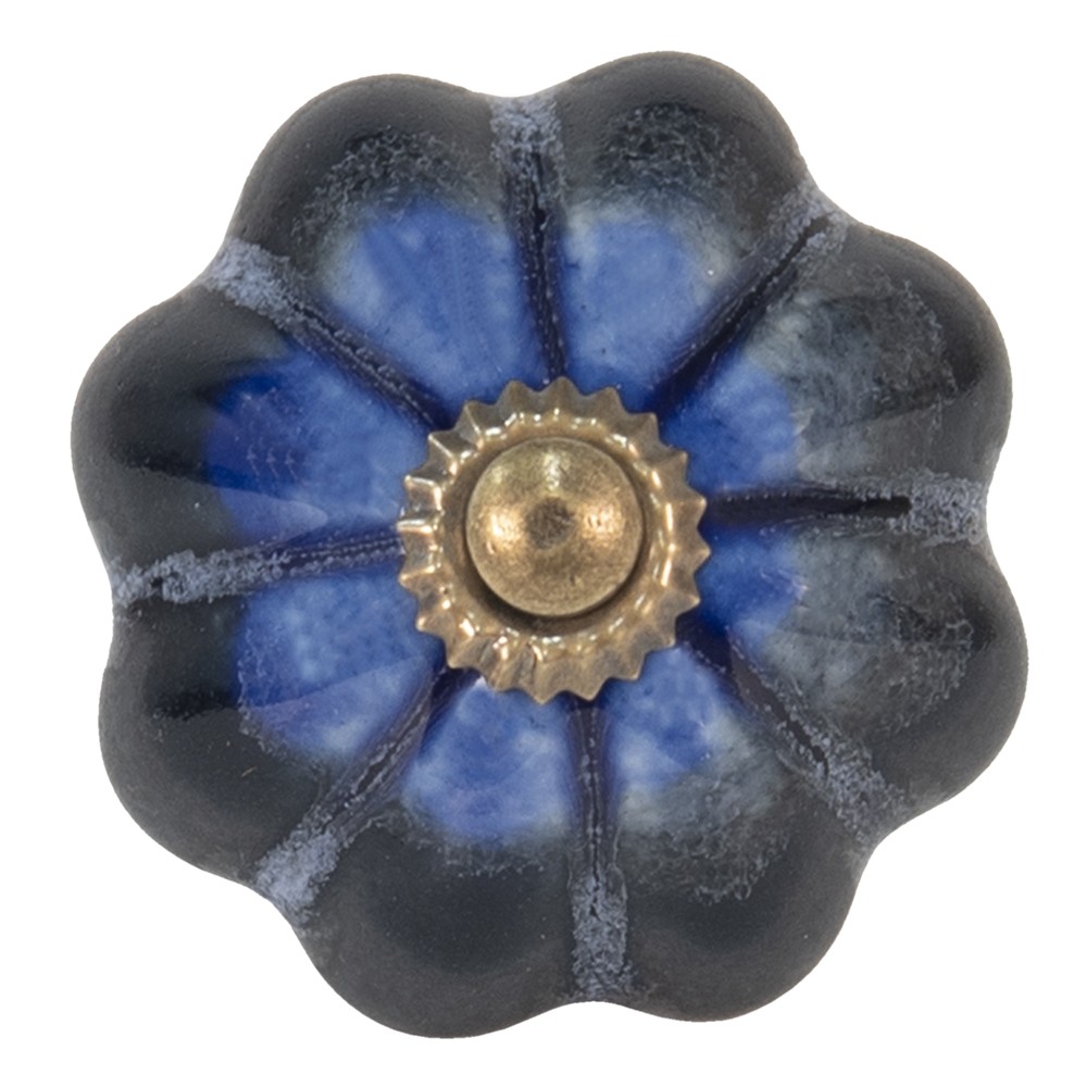 Černo-modrá keramická úchytka květina s mramorováním - Ø 4 cm Clayre & Eef