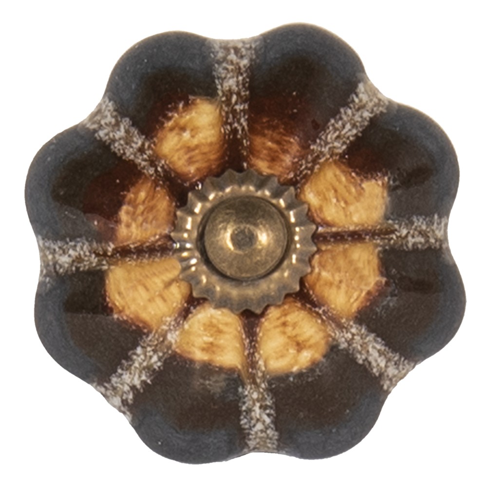 Černo-hnědá keramická úchytka květina s mramorováním - Ø 4 cm Clayre & Eef