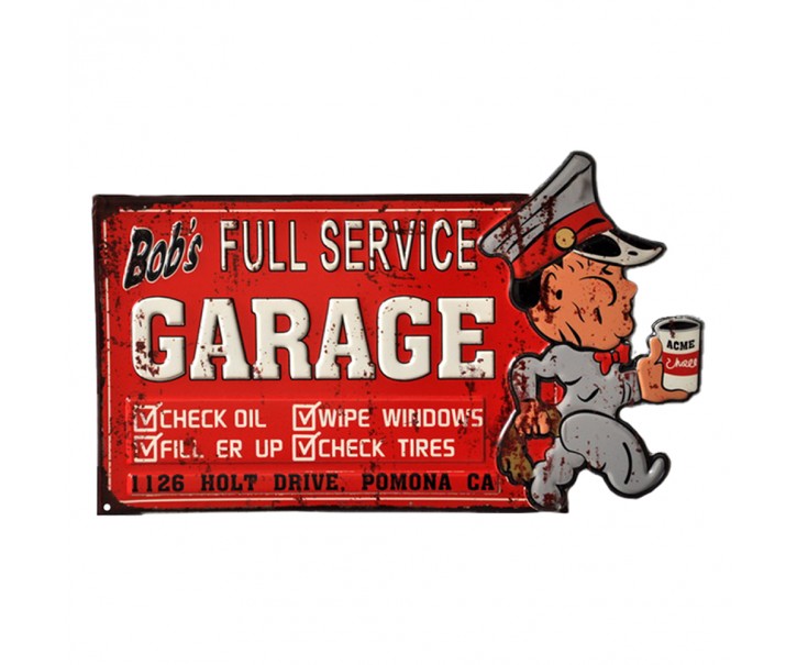 Červená kovová nástěnná cedule Bob´s Garage - 50*1*30 cm