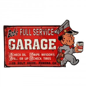 Červená kovová nástěnná cedule Bob´s Garage - 50*1*30 cm