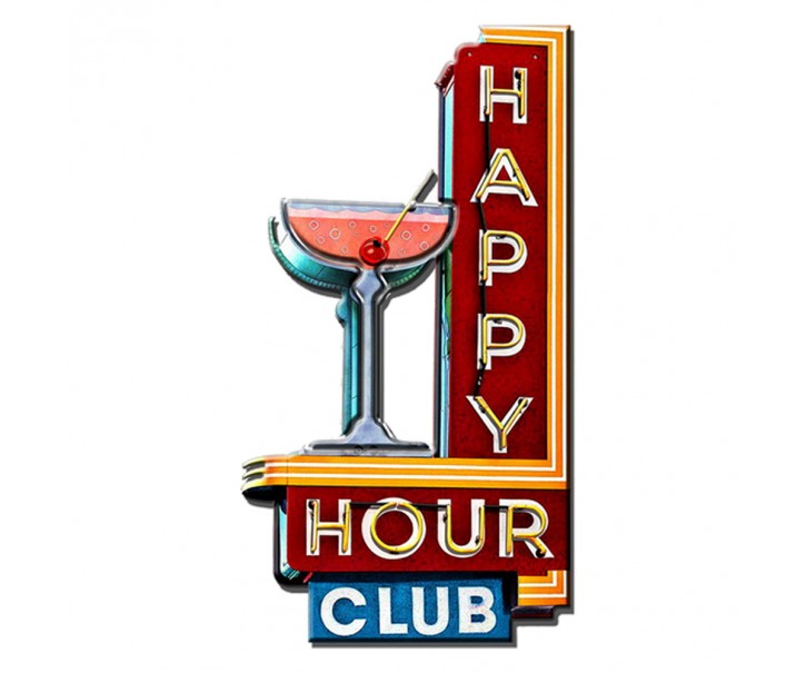 Červená kovová nástěnná cedule Happy Hour Club - 32*1*60 cm