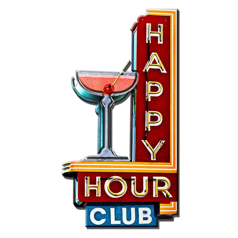 Červená kovová nástěnná cedule Happy Hour Club - 32*1*60 cm Clayre & Eef
