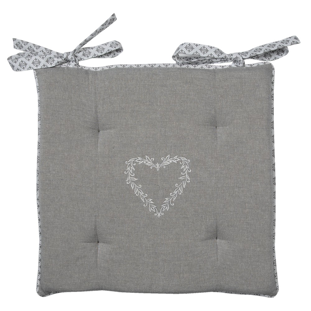 Šedý bavlněný podsedák s výplní a srdíčkem Lovely Heart - 40*40*4 cm