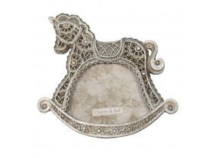 Stříbrný antik fotorámeček na postavení ve tvaru houpacího koníka - 14*1*11 cm / 10*6 cm