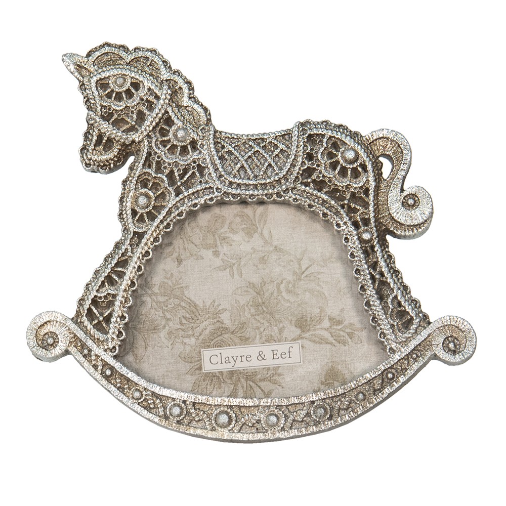 Stříbrný antik fotorámeček na postavení ve tvaru houpacího koníka - 14*1*11 cm / 10*6 cm Clayre & Eef