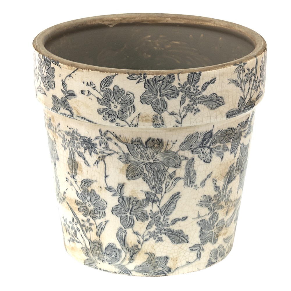 Keramický obal na květináč se šedými květy Mell French -  Ø 16*15 cm Clayre & Eef