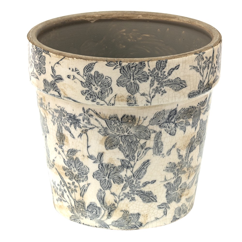 Keramický obal na květináč se šedými květy Mell French - Ø 16*15 cm