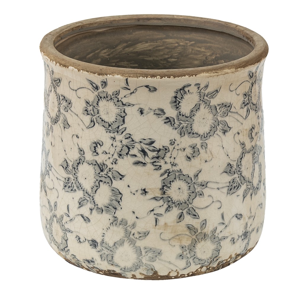 Keramický obal na květináč se šedými květy Filon French L - Ø 17*16 cm