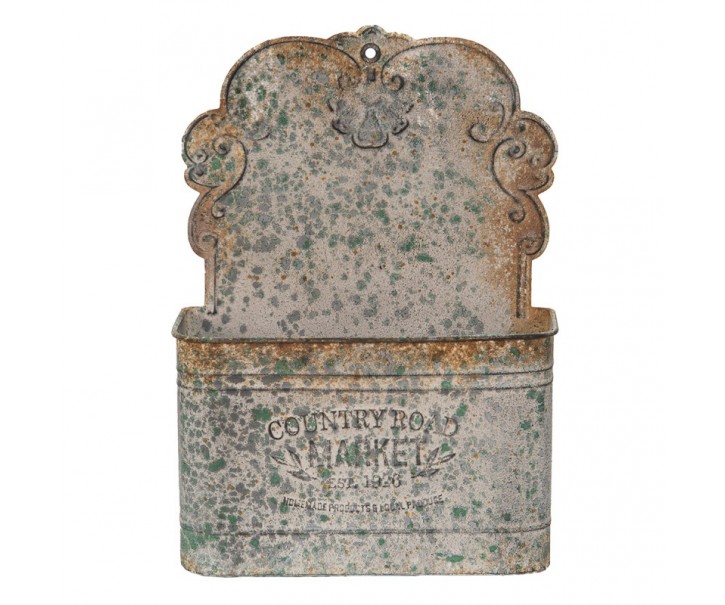 Šedý antik plechový nástěnný box na květiny s rezavou patinou Country Road - 24*10*33 cm