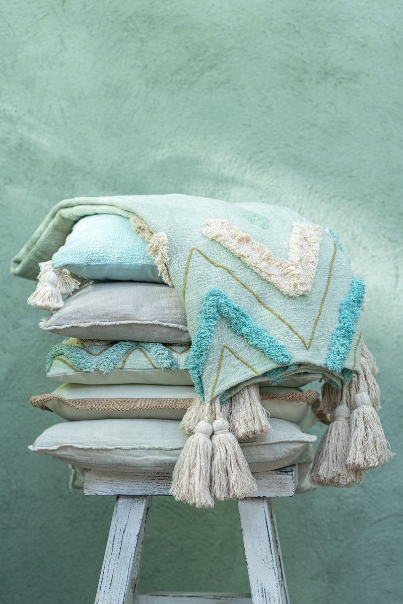 Tyrkysový polštář s výplní a třásněmi Zig zag blue - 45*11*45cm