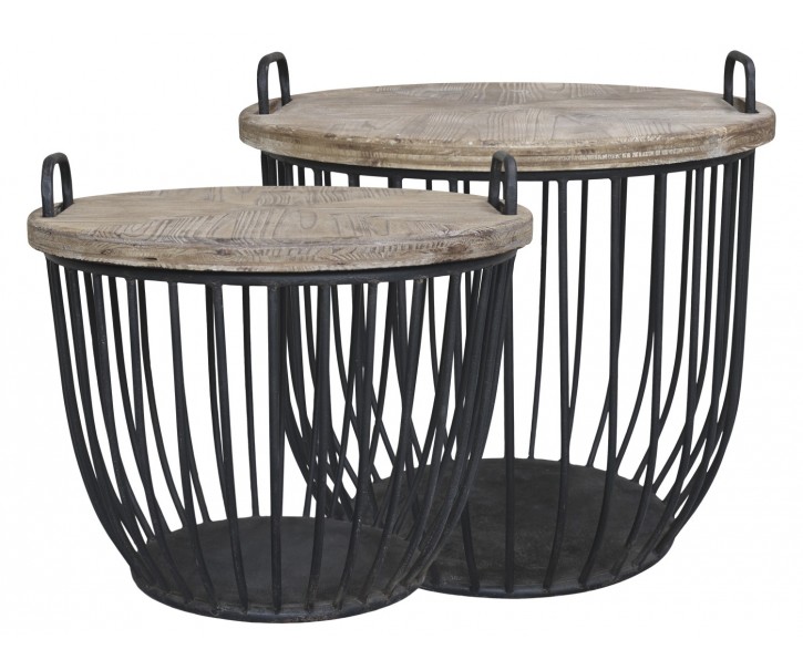 2ks černý antik kovový coffee stolek s dřevěnou deskou Charlotte - Ø57*48 cm