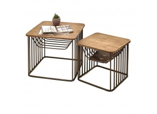 Granitový antik kovový odkládací stolek s dřevěnou deskou Sally - 53*53*44 / 42*42*38 cm