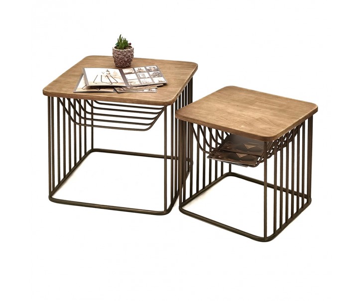 Granitový antik kovový odkládací stolek s dřevěnou deskou Sally - 53*53*44 / 42*42*38 cm Clayre & Eef