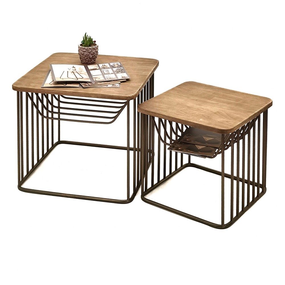Granitový antik kovový odkládací stolek s dřevěnou deskou Sally - 53*53*44 / 42*42*38 cm