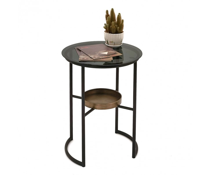 Černý kovový odkládací stolek se skleněnou deskou Dion- Ø 43*55 cm