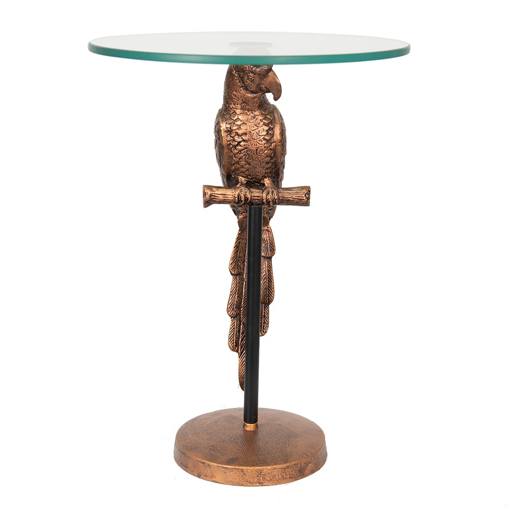 Měděný antik odkládací stolek s papouškem a skleněnou deskou Parrot - Ø 38*53 cm Clayre & Eef