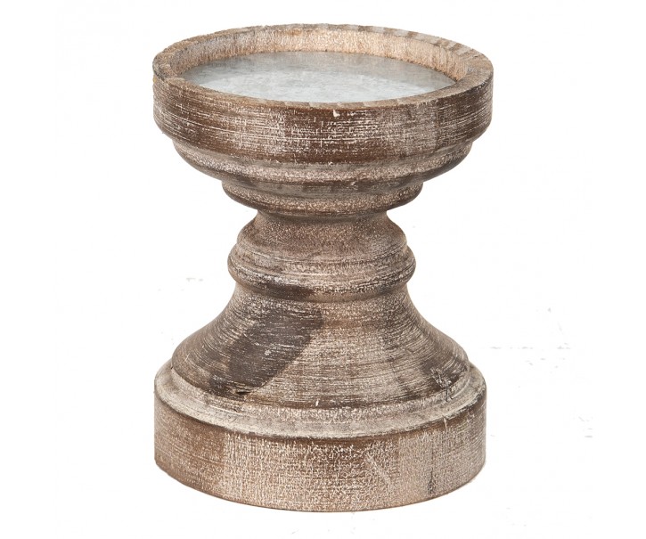 Hnědý antik dřevěný svícen na širokou svíčku - Ø 14*16 cm