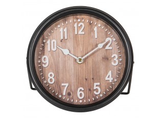 Černé kovové stolní hodiny s dřevěným dekorem - 20*6*20 cm / 1*AA