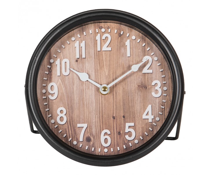 Černé kovové stolní hodiny s dřevěným dekorem - 20*6*20 cm / 1*AA