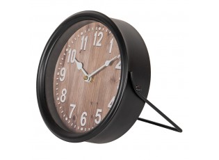 Černé kovové stolní hodiny s dřevěným dekorem - 20*6*20 cm / 1*AA