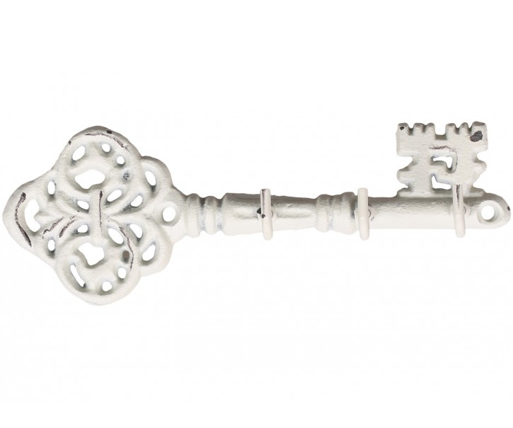 Krémový antik nástěnný věšák ve tvaru klíče se 3-mi háčky - 19*4*6,5 cm